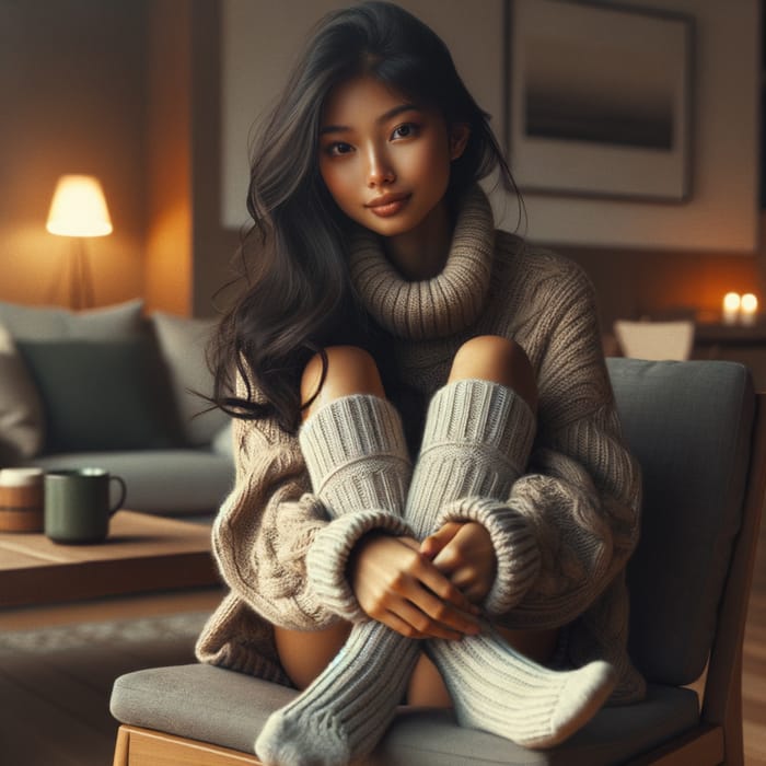 Girl in Knitted Socks and Sweater at Home