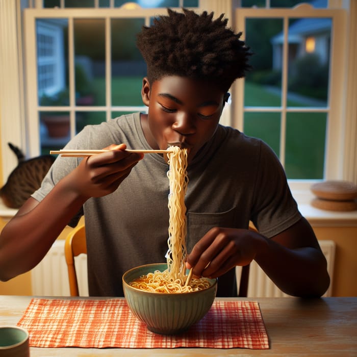 Black Teen Boy Enjoying Delicious Noodles at Home | Heartwarming Scene