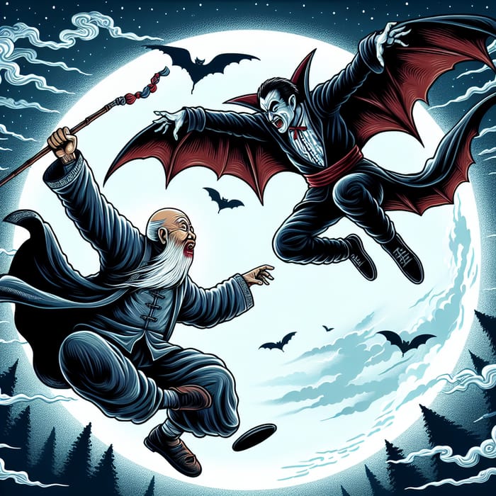 Epic Dracula vs. Chinese Monk Aerial Combat Under Moonlight