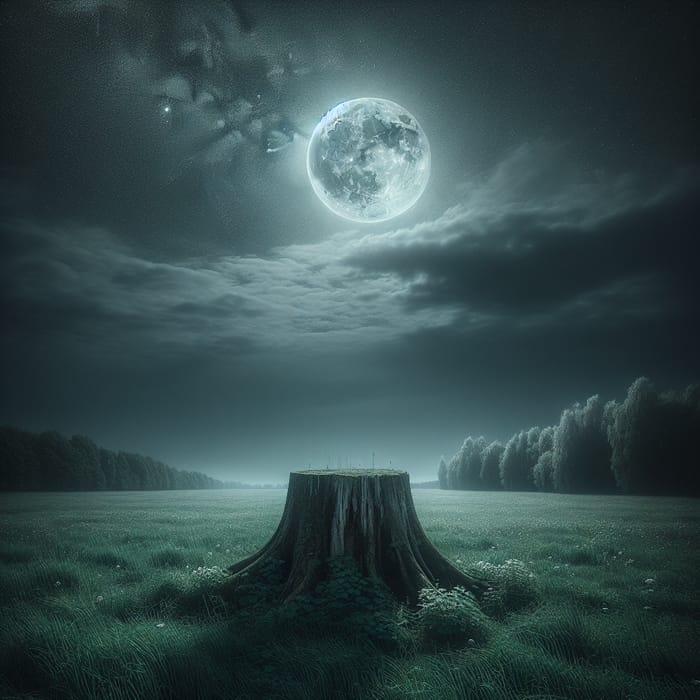 Enchanting Moonlit Scene with Tree Stump and Grass