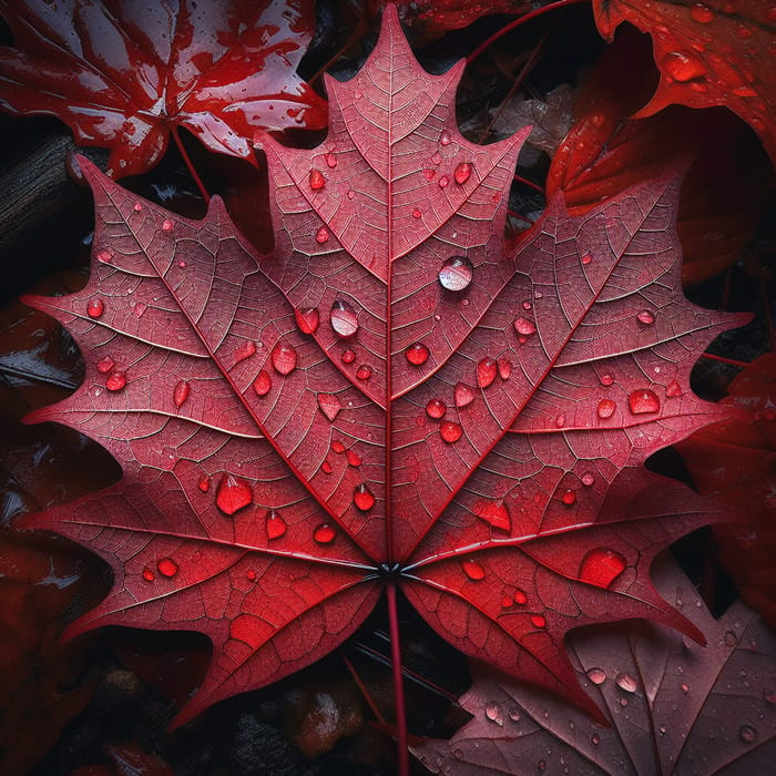 Wet Red Maple Leaf: Autumn Rain's Symmetrical Beauty