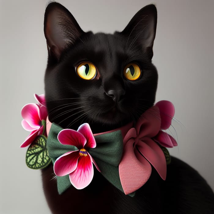 Elegant Black Cat with Yellow Eyes - Ciklama Flower Collar