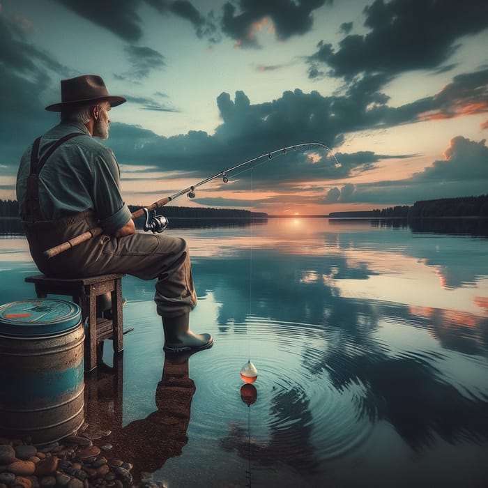 Tranquil Angler by Clear Lake | Sunset Fishing Scene - Kiên câu cá