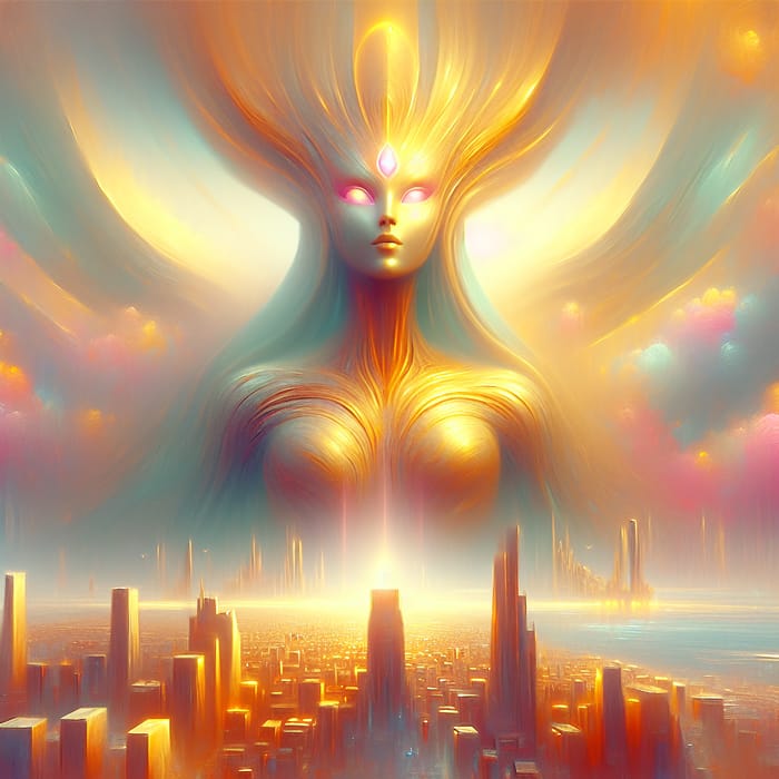 Majestic Alien Goddess Above City Skyline | Ethereal Artwork