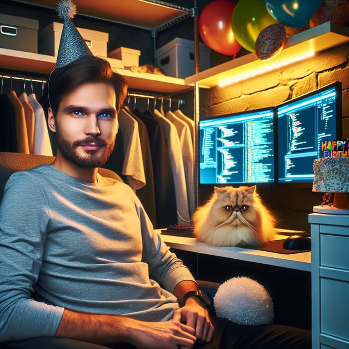 Programmer Celebrating Birthday with Cat in Home Office