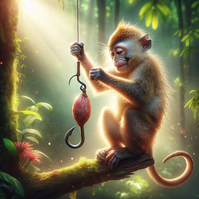 Playful Ape with Hook Enjoying Fruit on Tree