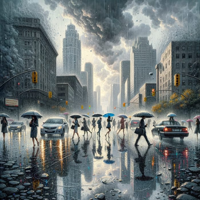 Rainy Day Scene: People with Umbrellas in the City Rain