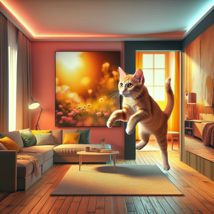 Playful Cat in Cozy Living Room - Feline Grace and Curiosity