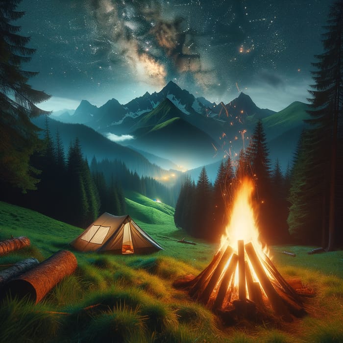Mountain Bonfire and Tent Scene in Green Meadow at Night