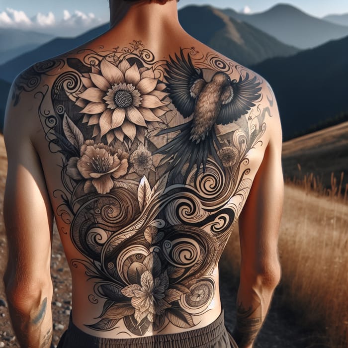 Artistic Nature-Inspired Back Tattoo Design