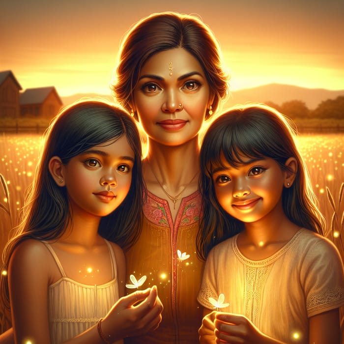South Asian Mother, Hispanic Daughter, Caucasian Daughter in Golden Field at Sunset