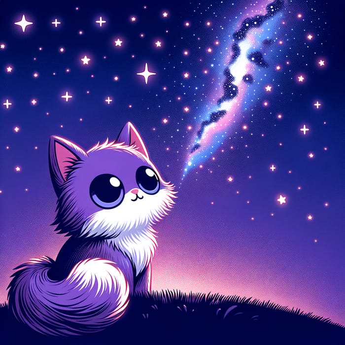 Cute Cartoon Cat under Starry Night Sky