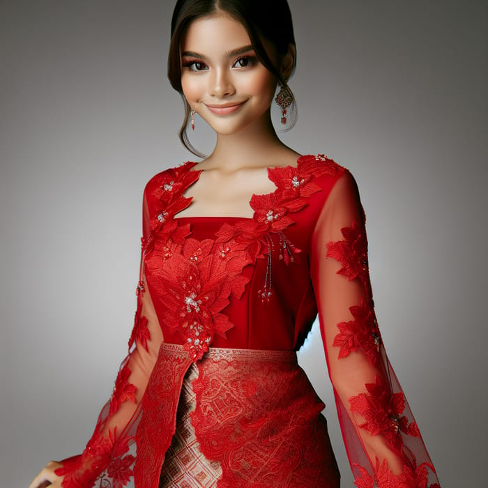 Malay Girl in Vibrant Red Kebaya - Cultural Attire Showcase