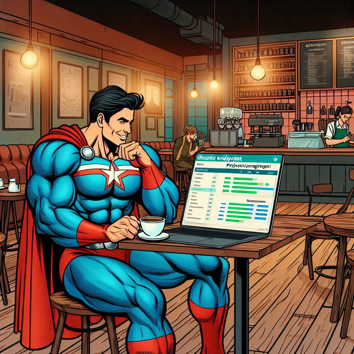 Superhero Superman Doing Project Evaluation with MS Project at Cafe