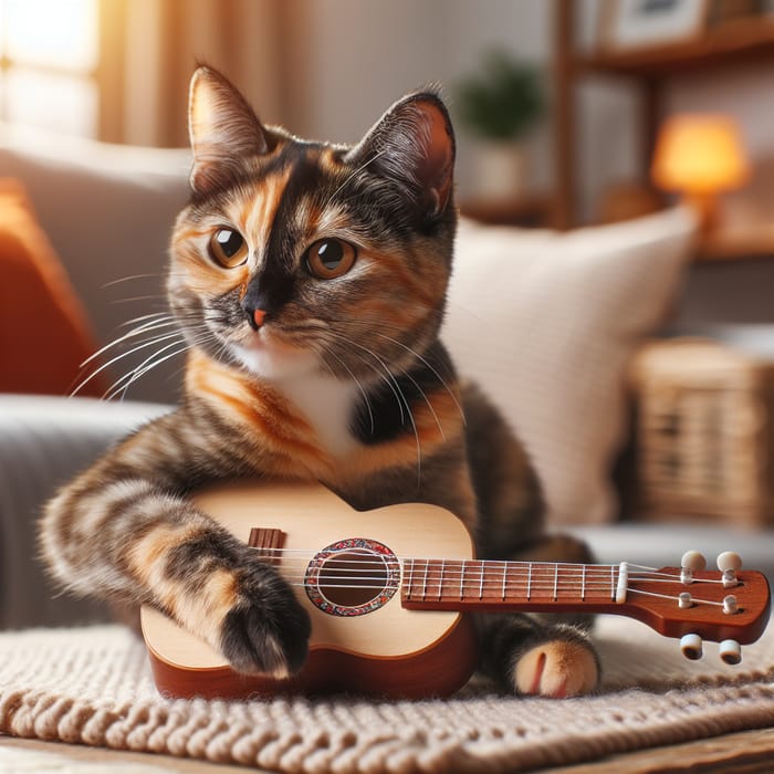 Cat Playing Guitar: Enchanting Music Scene in Cozy Room