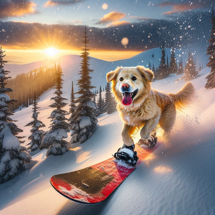 Dog Snowboarding in Snow
