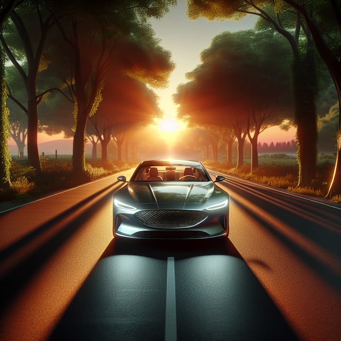Luxurious Car Driving into Sunset