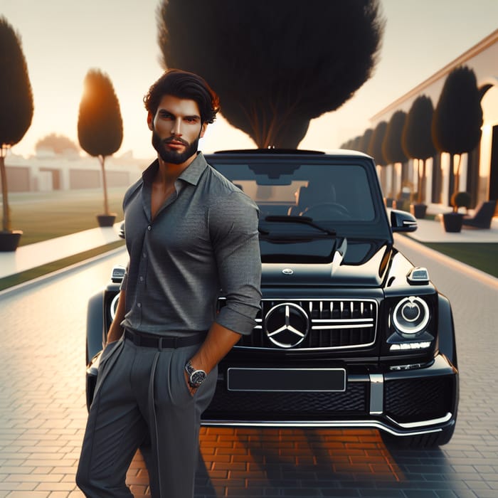 Elegant Man Stands Next to G63 AMG with Dark Hair and Beard