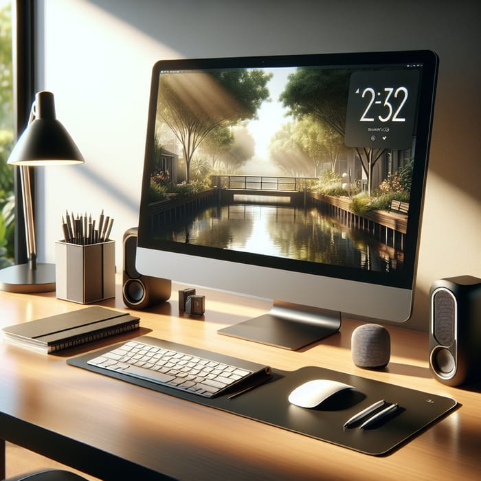 Modern Computer Setup on Sleek Wooden Desk | Productive Work Environment