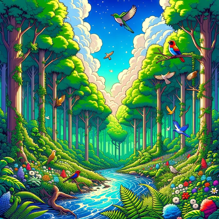 Serene Cartoon Forest Wallpaper with Vibrant Birds