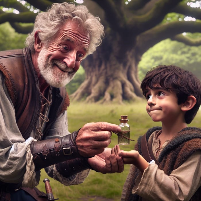 Mystical Moment: Elderly Man Gives Love Potion to Young Boy