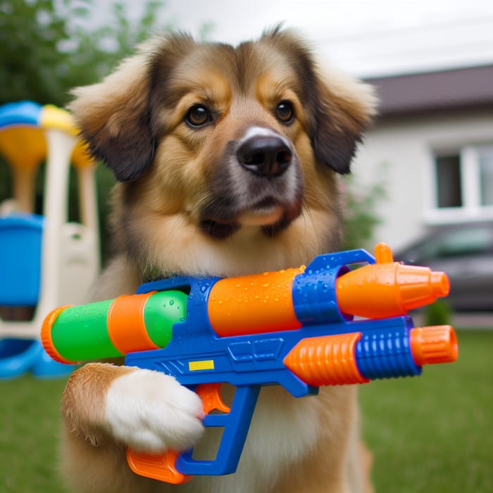 Playful Dog with Pistol - Fun Pet Photography