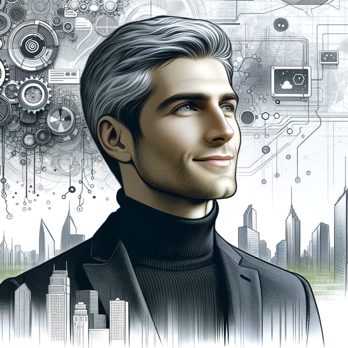 Futuristic Gray-Haired Entrepreneur with Tech Elements