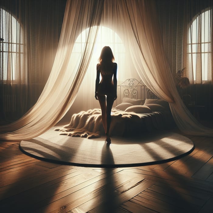 Elegant Silhouette of Woman Behind Circular Bed Curtains