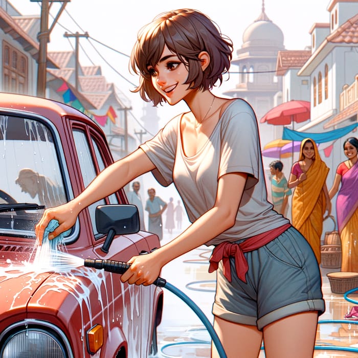 Emma Watson washing red sedan in India