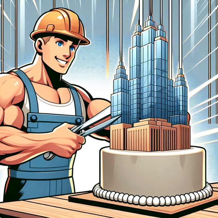 Muscular Cartoon Builder Celebrates with Skyscraper Cake