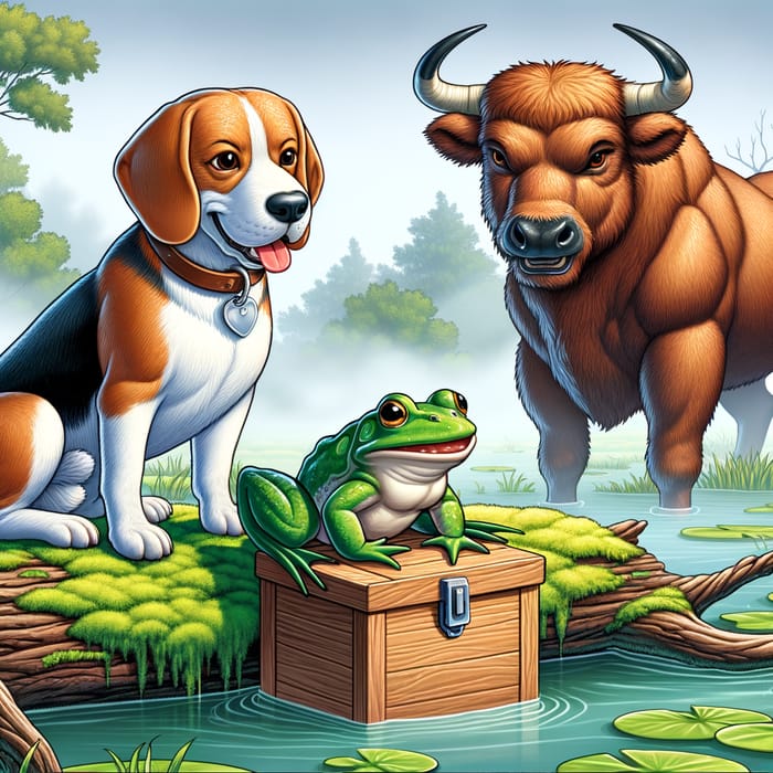 Foggy Bog Adventure: Dog, Frog, Fox, and Ox