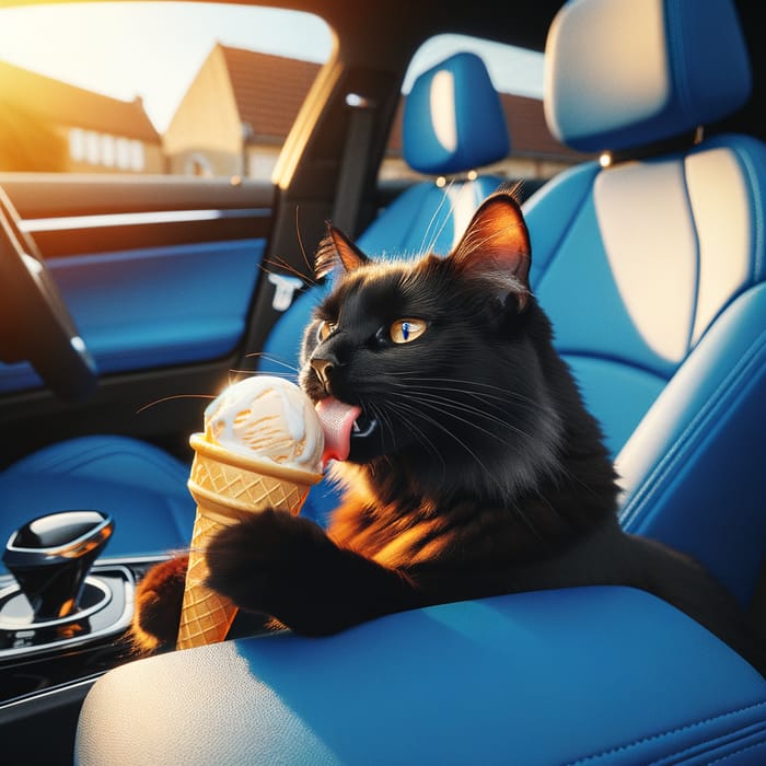 Black Cat Eating Ice Cream in Blue Car