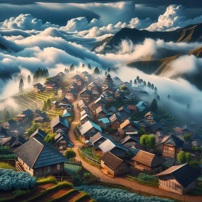 Picturesque Village Shrouded in Clouds | Majestic Mountain Scenery