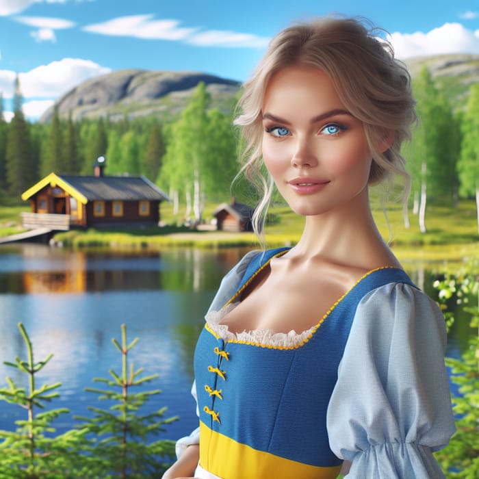 Serene Swedish Woman in Traditional Dress | Scenic Landscape View