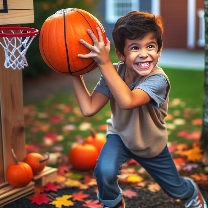 Young Hispanic Boy Playing Basketball with Pumpkin