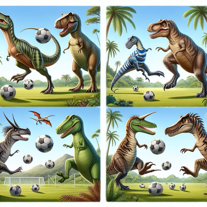 Dinosaurs vs Crocodiles Playing Football in Prehistoric Jungle
