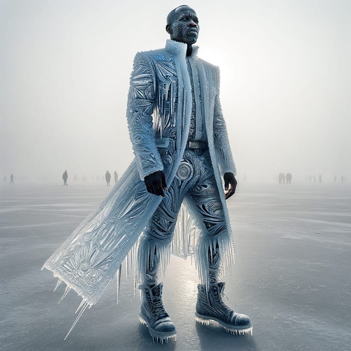 Ice Apparel: Stylish African Man in Frosty Outfit & Snow Shoes