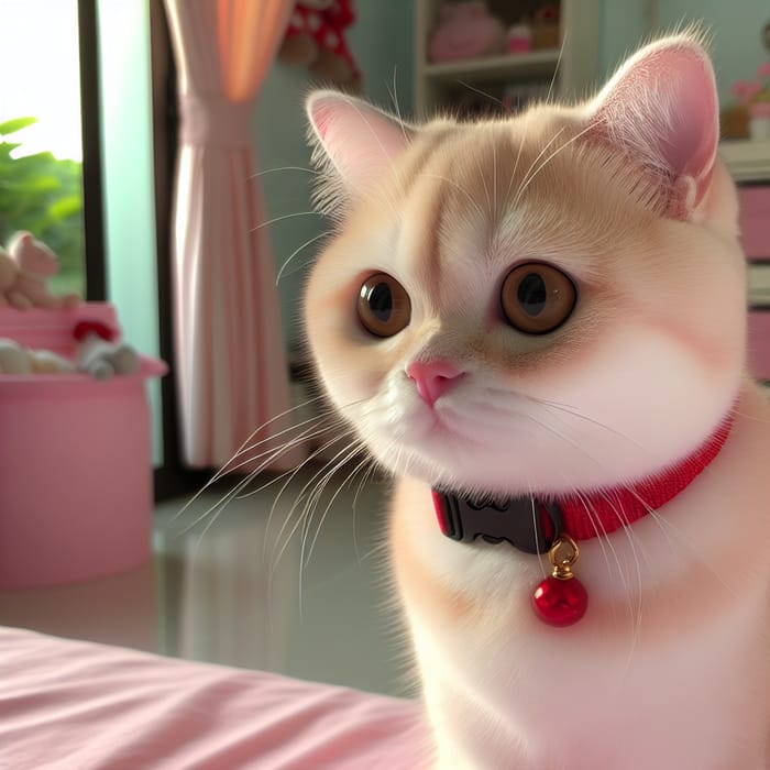 Pink Cat with Red Collar - Cute Pink Cat Picture