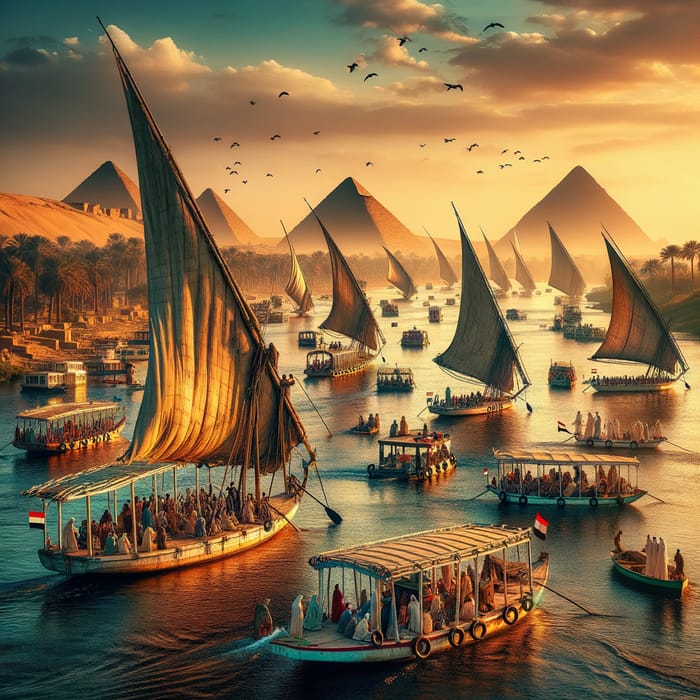 Egypt Nile Navigation: Scenes of Feluccas on the Shimmering River