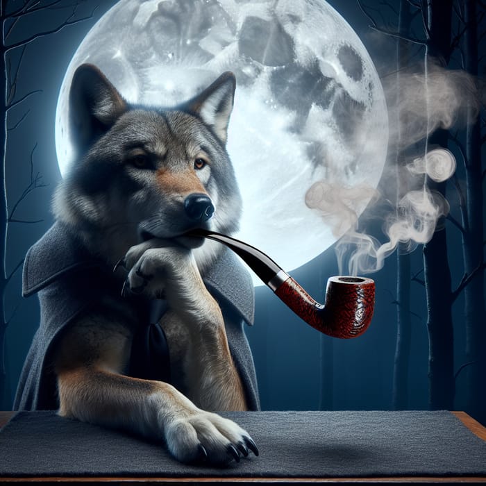 Smoking Wolf in Moonlit Forest