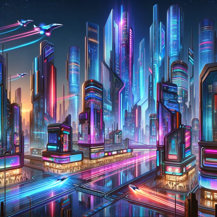 Bustling Neon Cityscape | Vibrant Futuristic Night Scene