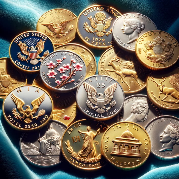 Official Coins: Global Collection on Blue Velvet Fabric Featuring Distinctive Coins from Various Countries