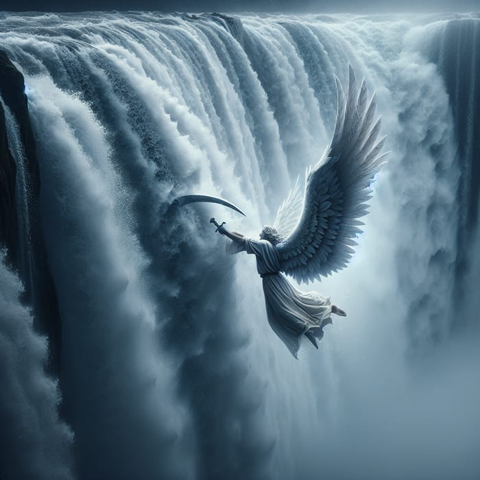 Angel Flying Slices Waterfall with Divine Wing