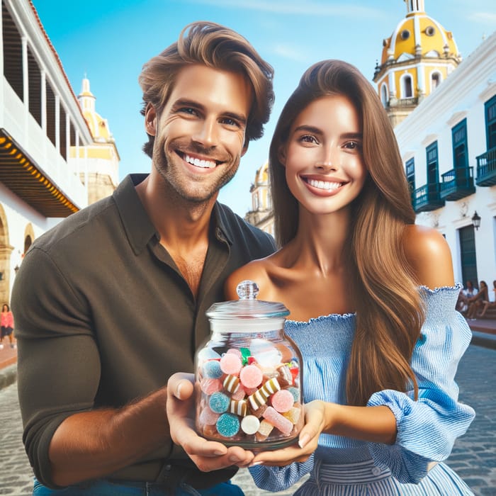Cheerful Young Couple Sharing Colorful Colombian Sweets in Cartagena | Vibrant Scene