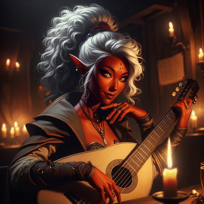 Mischievous Tiefling Lute Player in Dimly Lit Tavern | Fantasy Character Art