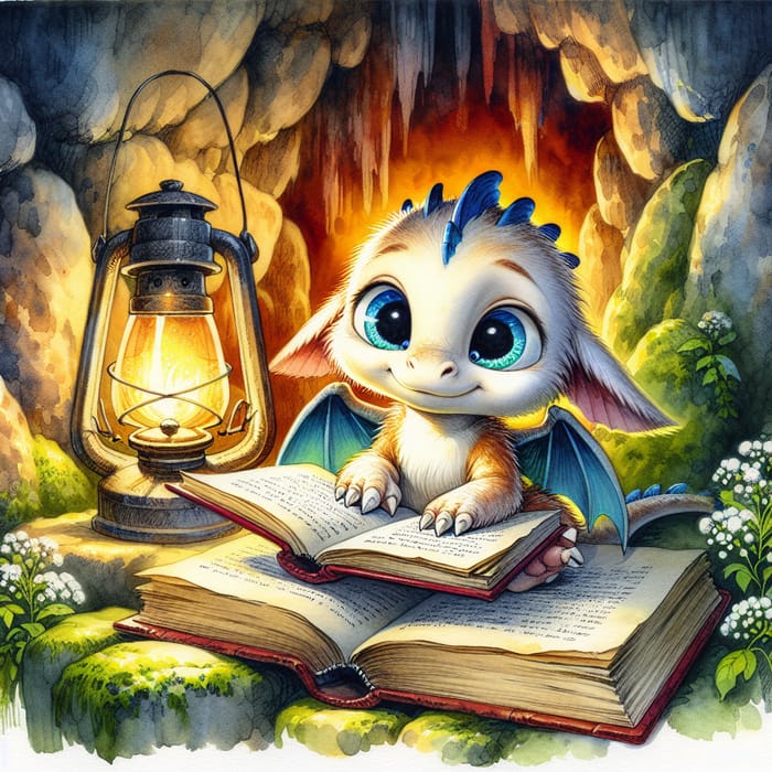 Adorable Baby Dragon Reading Book in Enchanting Cavern