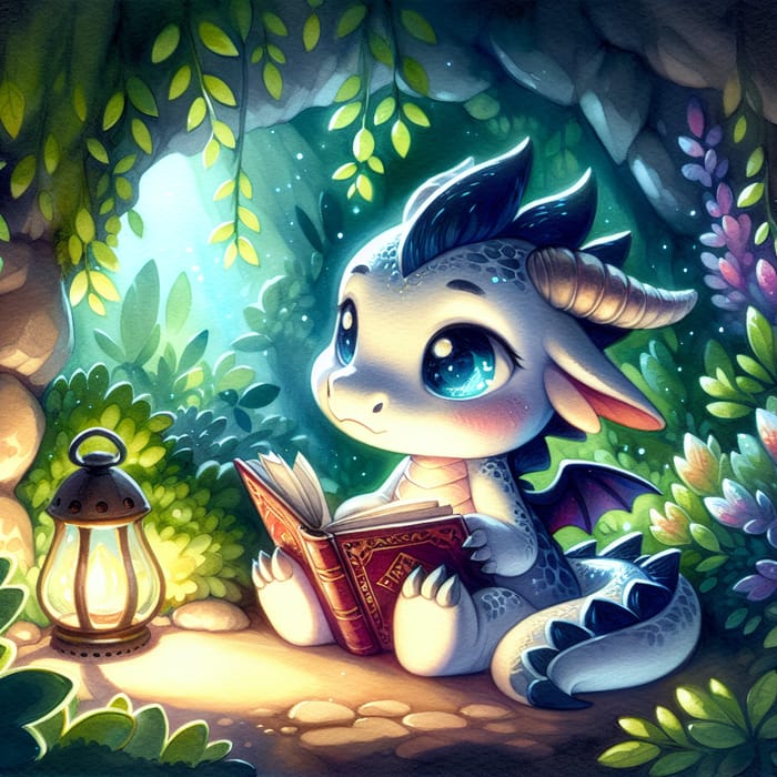 Tranquil Dragon Reading in Lush Cavern | Magical Watercolor Art
