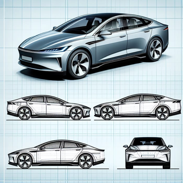Electric Sedan Blueprint: Side, Front, Back & Top Views