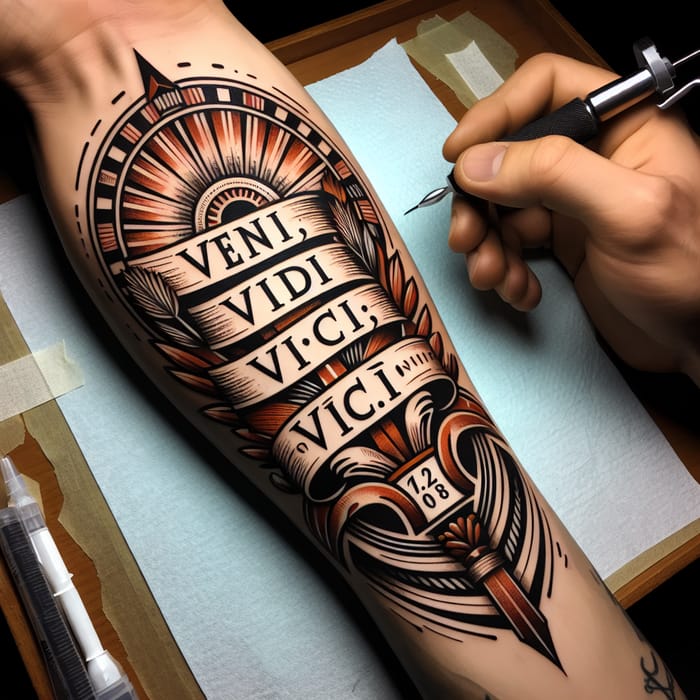 Resilient Roman Tattoo Design with Latin Phrase 'Veni, vidi, vici' in Intricate Style