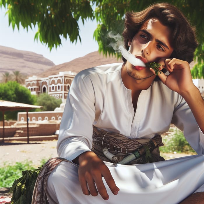 Young Yemeni Man Enjoying Khat Leaves Outdoors